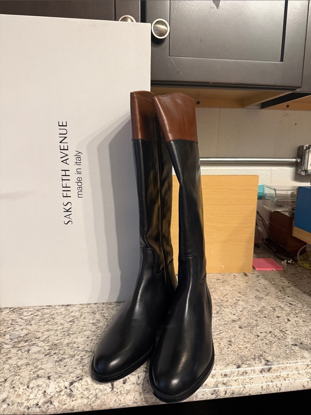 New in box. Saks fifth Avenue Kensington riding boot in black with brown trim - Picture 3 of 6